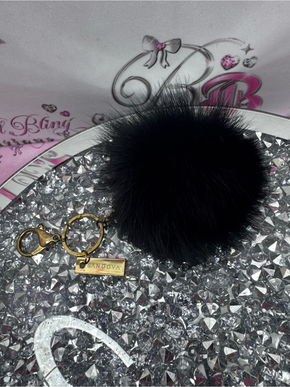 SANDOVA fox fur real fur Pom Pom Keychain black fluff ball charm